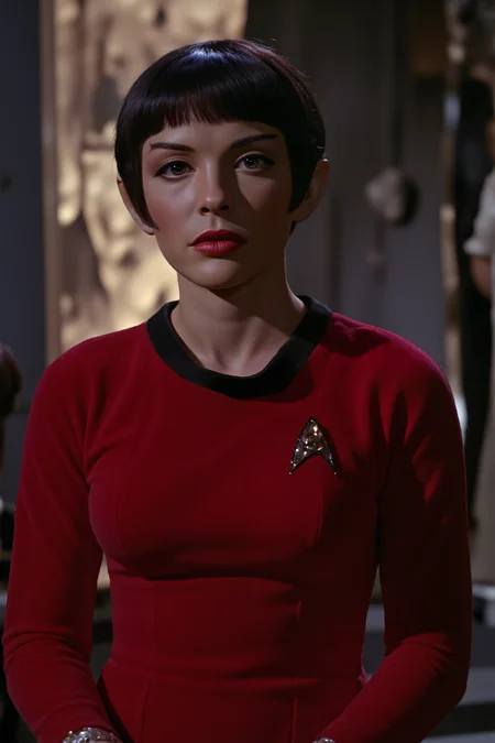 An vulcan woman with short hair stands in the ancient temple wearing red TOS uniform dress (photography, high-resolution, dynamic, energetic,hyper-realistic, dramatic lighting, shallow depth of field.), detailmaximizer, MythP0rt<lora:midjourney_whisper_flux_lora_v01:0.55><lora:aidmaMJ6.1-FLUX-V0.1:0.4><lora:FluxMythP0rtr4itStyle:0.4><lora:detailed_flux_ntc:2.2><lora:aidmaImageUpgrader-FLUX-V0.1:0.65><lora:TOS_FLUXV1:1.1><lora:VULCANV1_FLUX:1.3>