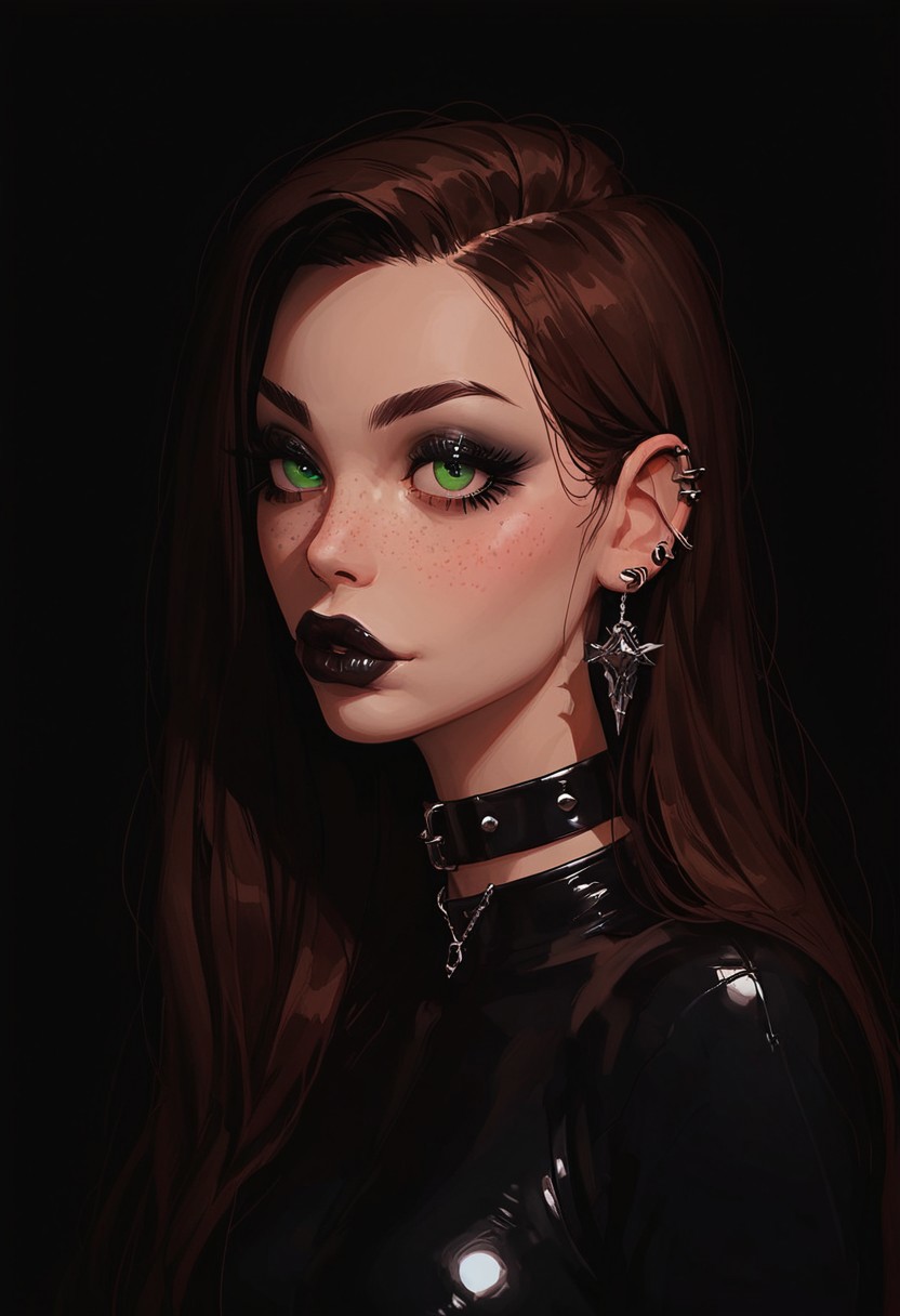score_9, score_8_up, score_7_up, score_6_up, score_5_up, score_4_up, goth girl, gothic,  egirlmake up, choker, (beautiful face, cute face, 18 years old) Expressiveh, ASCII 1 girl, brown hair, green eyes, black latex outfit, medium breasts, upper body, photoshoot, 4k, big lips, choker, heavy make up, black lipstip, eyeliner, long hair, freckles