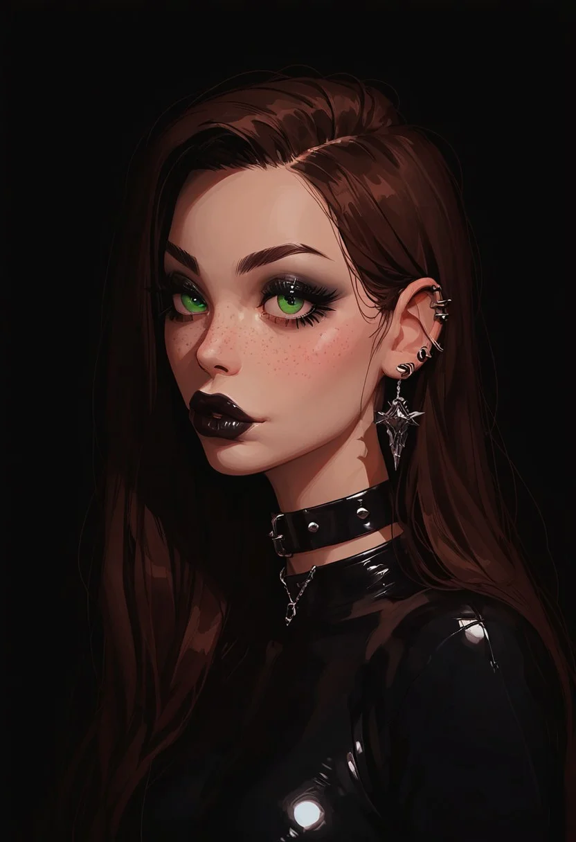 score_9, score_8_up, score_7_up, score_6_up, score_5_up, score_4_up, goth girl, gothic,  egirlmake up, choker, (beautiful face, cute face, 18 years old) Expressiveh, ASCII 1 girl, brown hair, green eyes, black latex outfit, medium breasts, upper body, photoshoot, 4k, big lips, choker, heavy make up, black lipstip, eyeliner, long hair, freckles