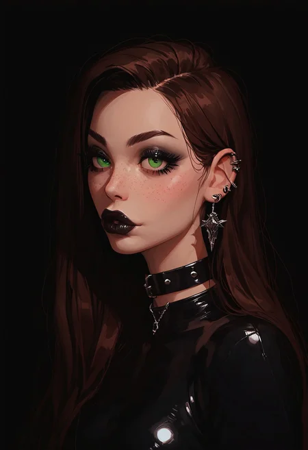 score_9, score_8_up, score_7_up, score_6_up, score_5_up, score_4_up, goth girl, gothic,  egirlmake up, choker, (beautiful face, cute face, 18 years old) Expressiveh, ASCII 1 girl, brown hair, green eyes, black latex outfit, medium breasts, upper body, photoshoot, 4k, big lips, choker, heavy make up, black lipstip, eyeliner, long hair, freckles