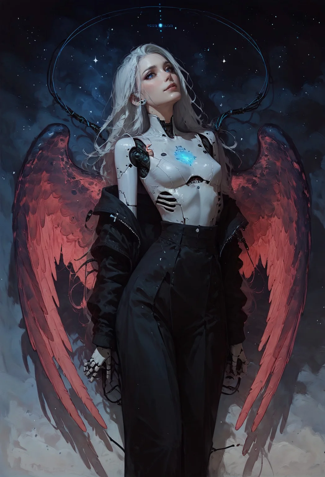 score_9, score_8_up, score_7_up,  robot girl, (robot joints, intervention unit, very complex robot, glowing chest:1.2), full body, blue neon angel wings, solo, white long hair, flat breasts, bangs, arched back, dark eyes, too tight burgundy hoodie, provocative, cosmic background, cables and wires everywhere, smirk, red theme  <lora:pony/twilight_style:0.8> <lora:pony/expressiveh:0.8> expressiveh <lora:pony/vixon_gothic_oil_style:0.7> d4rk01l