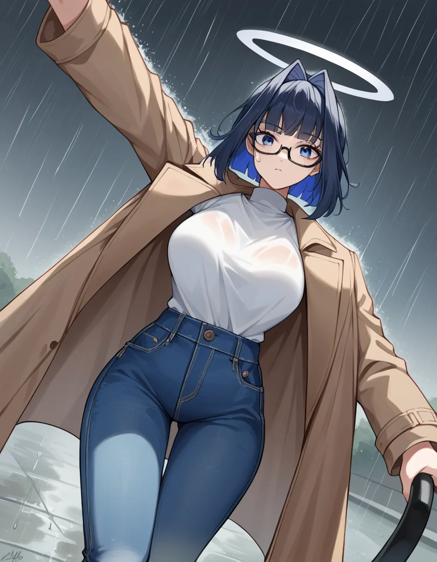 score_9, score_8_up, score_7_up, source_anime, <lora:ouro-kronii-ponyxl-lora-nochekaiser:1>, ouro kronii, blue eyes, blue hair, black hair, bangs, large breasts, short hair, hair intakes, colored inner hair,, ouro kronii (casual), black-framed eyewear, blue pants, blunt bangs, brown coat, coat, denim, glasses, halo, jeans, long sleeves, open clothes, open coat, pants, semi-rimless eyewear, shirt, trench coat, turtleneck, under-rim eyewear, white shirt, rainy day, umbrella, walking home, puddles, wet hair, , , on back, arm support, arms up, incoming hug, pov, reaching, reaching towards viewer,, solo,, cowboy shot, dutch angle
