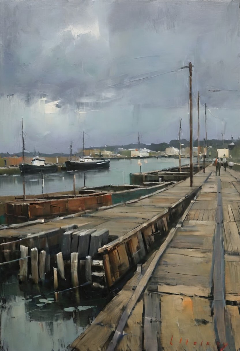detailxl, easynegative, a painting of docks in the style of malcolm-liepke, Landscape Render, no humans, BREAK, wind, grey sky, rain, storm, night, lightning