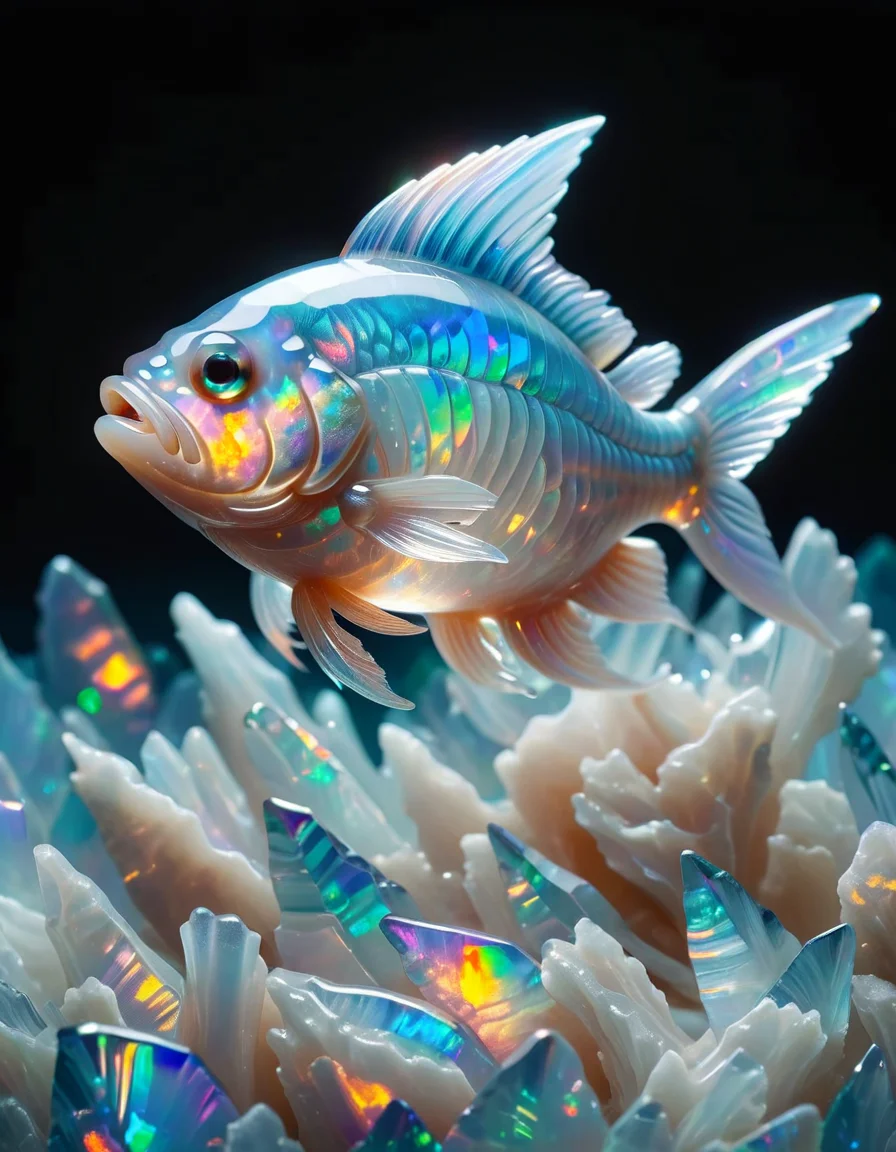 food photography photo of a crystal fish , maximum detail, foreground focus, made out of ral-opal <lora:ral-opal-sdxl:1>