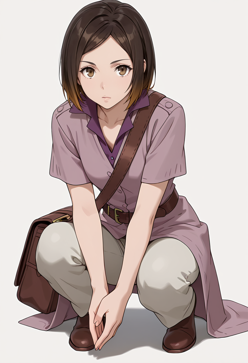Smooth Quality,masterpiece,very intricate, high quality details, ultra realistic, high detailed skin,detailed enviorement,absurdres,
simple background, white background,solo,
crouching, hands together, foot forward, intense, ready,  ,front view,expressionless,
 <lora:Kirara_Mizutani_cnn:0.8> 1girl, short hair, brown hair, multicolored hair, two-tone hair, brown eyes, at viewer, upper body,shirt, short sleeves, collared shirt, coat, pants, purple shirt,brown belt, shoulder bag,