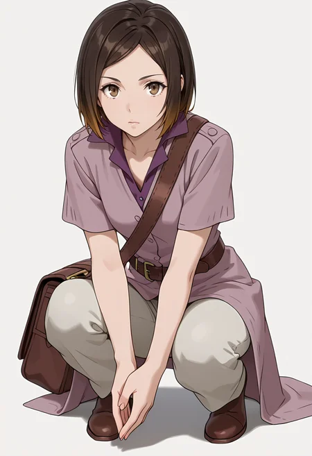 Smooth Quality,masterpiece,very intricate, high quality details, ultra realistic, high detailed skin,detailed enviorement,absurdres,
simple background, white background,solo,
crouching, hands together, foot forward, intense, ready, ,front view,expressionless,
<lora:Kirara_Mizutani_cnn:0.8> 1girl, short hair, brown hair, multicolored hair, two-tone hair, brown eyes, at viewer, upper body,shirt, short sleeves, collared shirt, coat, pants, purple shirt,brown belt, shoulder bag,