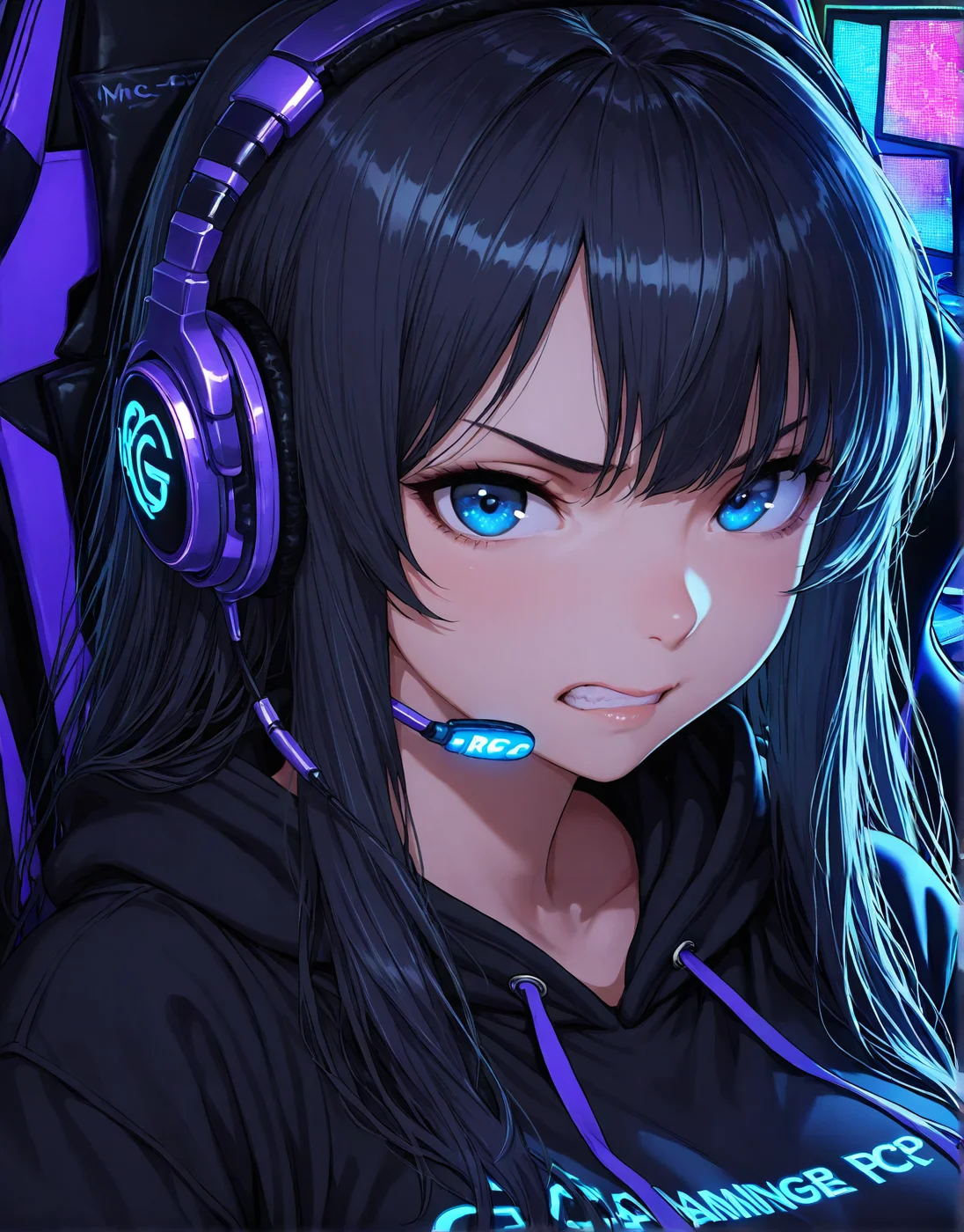 1girl, solo, close-up portrait, upper body, sitting in gaming chair, headphones with mic, looking at viewer, long flowing hair, black hoodie, RGB lighting in background, modern gaming room, high-end PC setup, soft shadows, realistic lighting, high detail, best quality, masterpiece,gamerface_rage, face emotion ragequit,clenched teeth, <lora:ya_gamers_emotions:1>