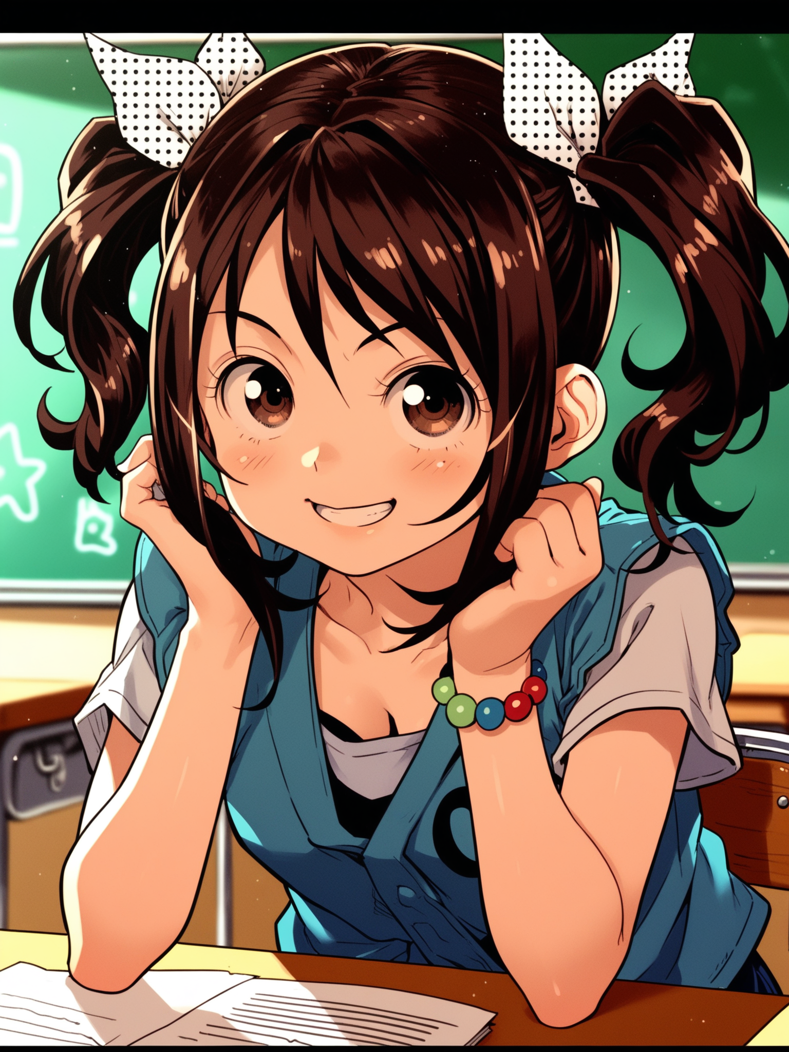 <lora:happy_tentacle-haruka-v0.1-000032:0.9>, ht_haruka, brown eyes, brown hair, hair ribbon, polka dot ribbon, , bracelet school uniform, classroom , 1girl, solo, upper body , , ( smile :1), , looking at viewer , bent over, downblouse , facing viewer , score_9, score_8_up, score_7_up, score_6_up, score_5_up, score_4_up