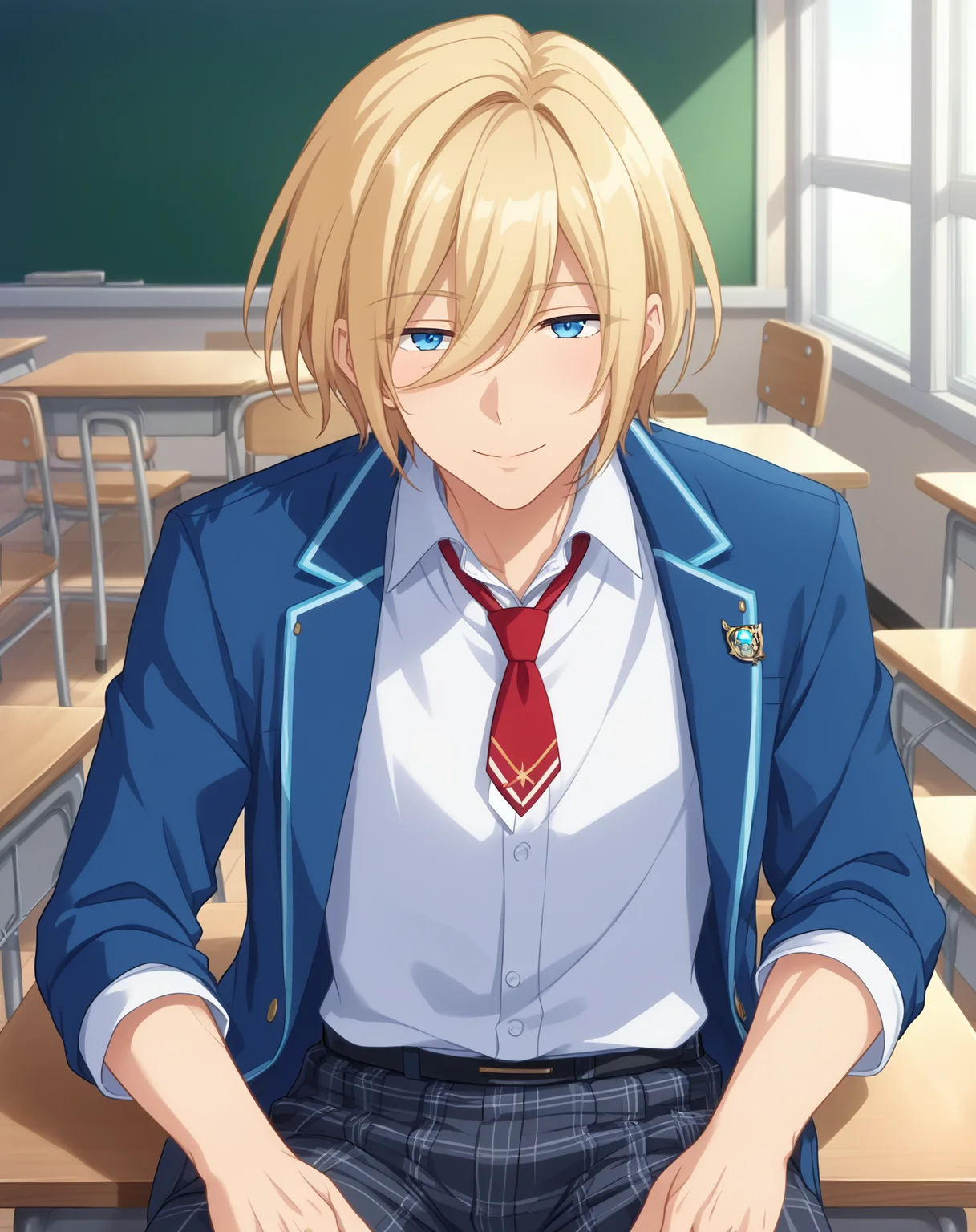 score_9, score_8_up, score_7_up, source_anime, anime screencap, depth of field, rating_safe, BREAK,
1boy, solo, yaoi, male focus, looking at viewer, cowboy shot, facing viewer,
 <lora:tenshouin_eichi_pony:1> tenshouin_eichi_pony, blonde hair, blue eyes, medium hair, hair between eyes, bangs, 
yumenosaki school uniform, blue jacket, white shirt, collared shirt, red necktie, black pants, plaid pants, 
indoors, school, classroom, desk, sitting, arms at sides, 
<lora:age_slider_v4:1.75>