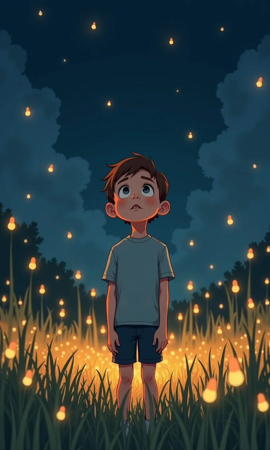 Full shot of a digital illustration. 
A young boy, with short brown hair, is center-frame. He's light-skinned and appears to be looking upwards at something. He is wearing a light gray/blue t-shirt and dark shorts. 
The background is a field of tall grass with many small, glowing, golden-yellow lights; these lights are scattered throughout the scene, giving the impression of bioluminescent plants or fireflies. 
The lighting and color palette are soft and warm with deep navy-blue tones in the shadows and lighter hues of blue above the glowing lights.  The overall mood is serene and whimsical, evoking a sense of wonder.
<lora:FLUX-daubrez-DB4RZ-v2:0.4> DB4RZ, DB4RZ style painting