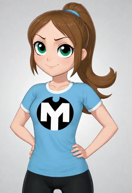 Score_9, (ppg), masterpiece, best quality, a ppg woman, powerpuff girl style, green blue eyes, blue shirt, long hair, brown hair, tied hair, bubbles, cartoon, cute, superhero, stylish letter M on the t-shirt, simple background, modernism, black pantyhose, smiling, looking at viewer