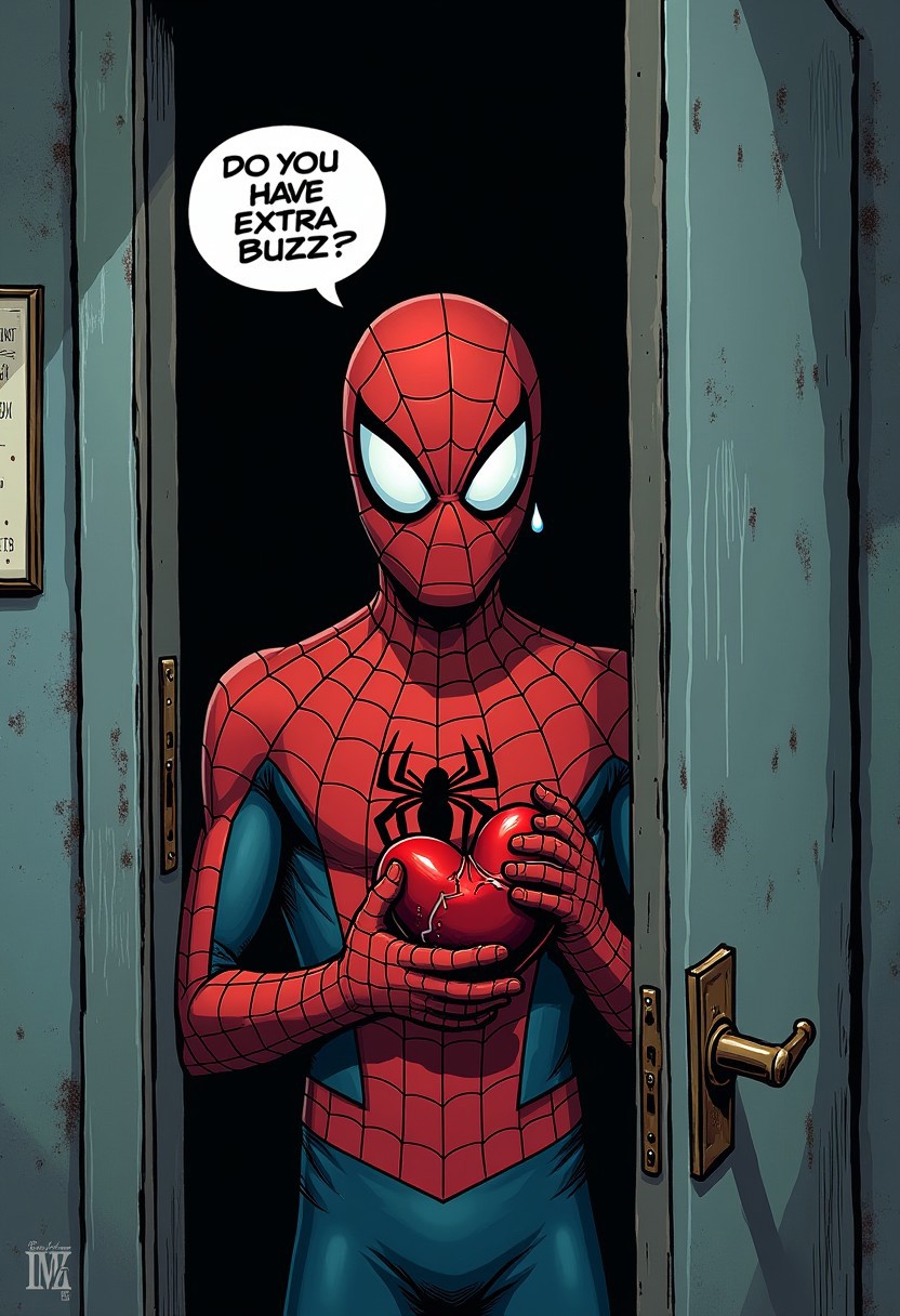 A melancholic, yet captivating scene of spiderman crying and holding a broken heart in his hands near his chest with tear drops coming from his eye and looking at viewer and a text bubble that reads "Do you have Extra Buzz? 😥 ", the scene is set in a homeless shelter, comic art. sadness, bruises' on his face, at the door, DreamArt, Retro, GLITCH