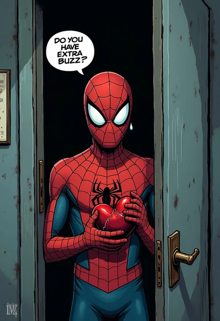 A melancholic, yet captivating scene of spiderman crying and holding a broken heart in his hands near his chest with tear drops coming from his eye and looking at viewer and a text bubble that reads "Do you have Extra Buzz? 😥 ", the scene is set in a homeless shelter, comic art. sadness, bruises' on his face, at the door, DreamArt, Retro, GLITCH