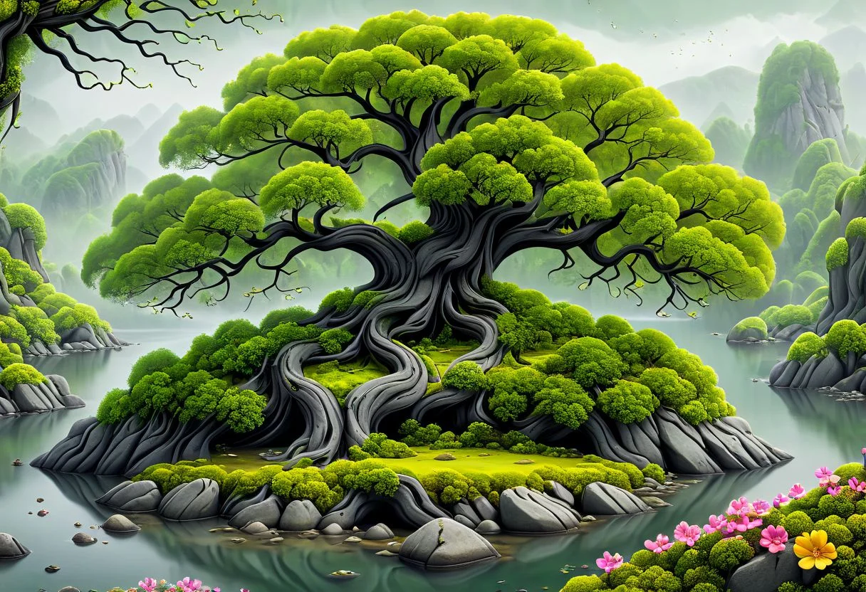 large tree on an island with lots of boulders in the water, moss grows where it can along with flowers, a multitude of trees can be seen forming a forest, artflwtr