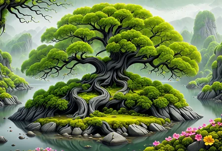 large tree on an island with lots of boulders in the water, moss grows where it can along with flowers, a multitude of trees can be seen forming a forest, artflwtr