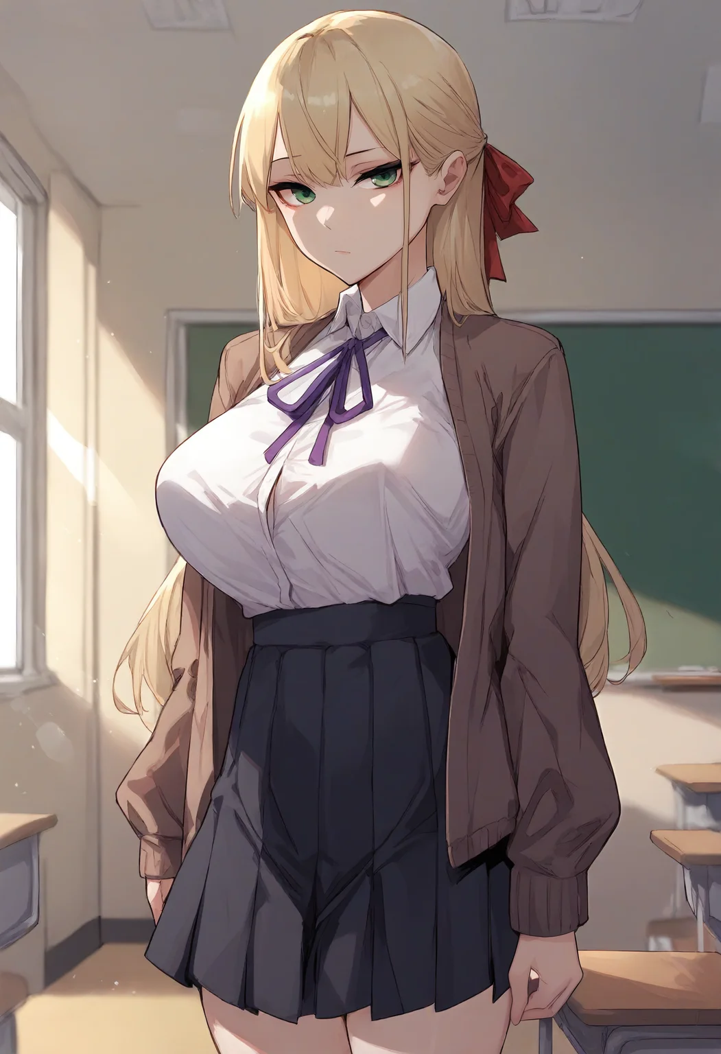 score_9, score_8_up, score_7_up, score_6_up, source_anime, rating_explicit, 1girl, (solo:1.1), huge breasts, <lora:Yoo Da-hee prefectPonyxl:0.8> blonde hair, long hair, green eyes, hair ribbon, red ribbon, sidelocks, school uniform, purple ribbon, neck ribbon, brown jacket, open jacket, white shirt, collared shirt, black skirt, pleated skirt, expressionless, classroom, indoors, looking at viewer