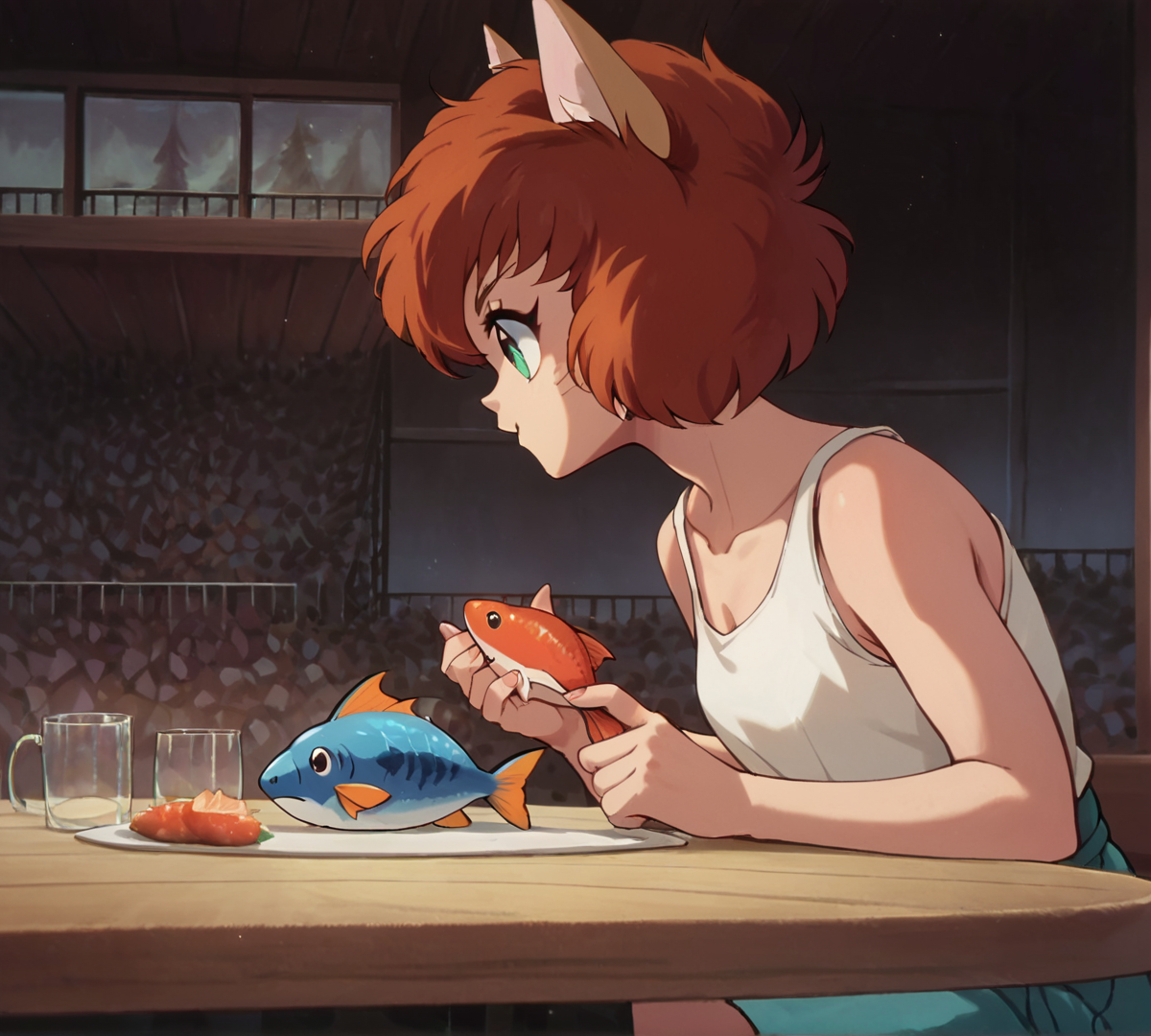 Koto, zPDXL, best quality, amazing quality, score 9, 1girl, fish, holding fish, eating fish, table, indoors, <lora:Koto:0.8>