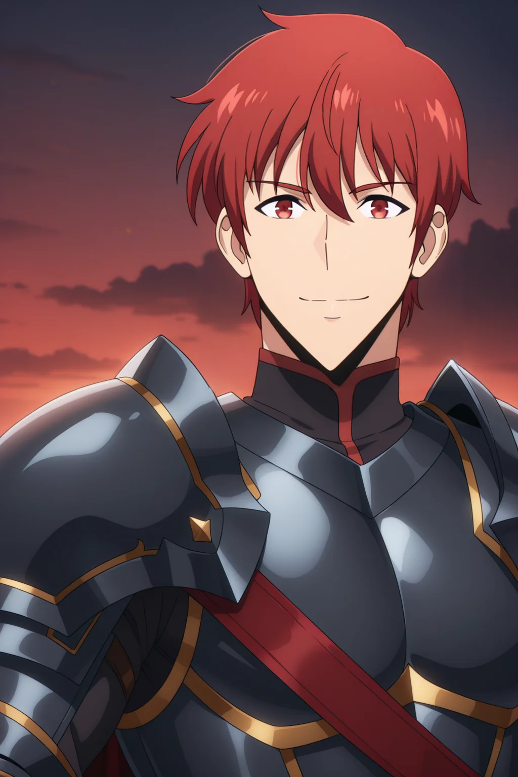 <lora:SoloLeveling:1>, SoloLeveling, 1boy, male focus, solo, red hair, armor, looking at viewer, smile, red eyes, gloves, outdoors, upper body, shoulder armor, pectorals, black gloves, short hair, closed mouth