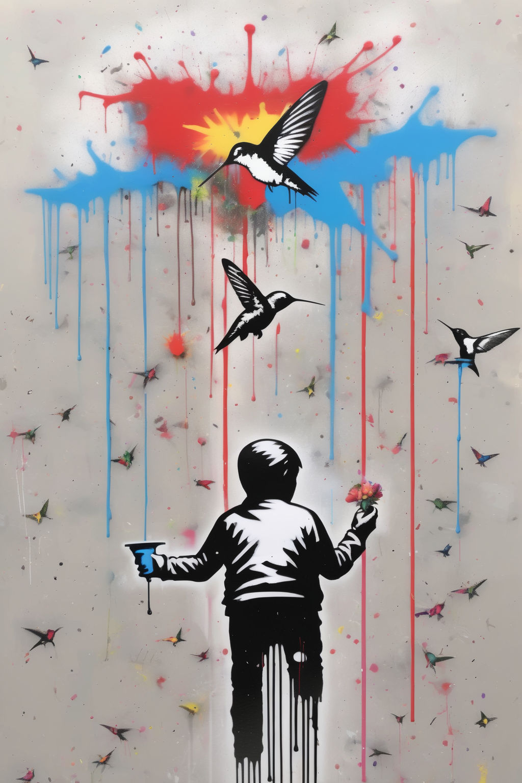 <lora:Martin Whatson Style:1>Martin Whatson Style - banksy style and hummingbird and drip effect