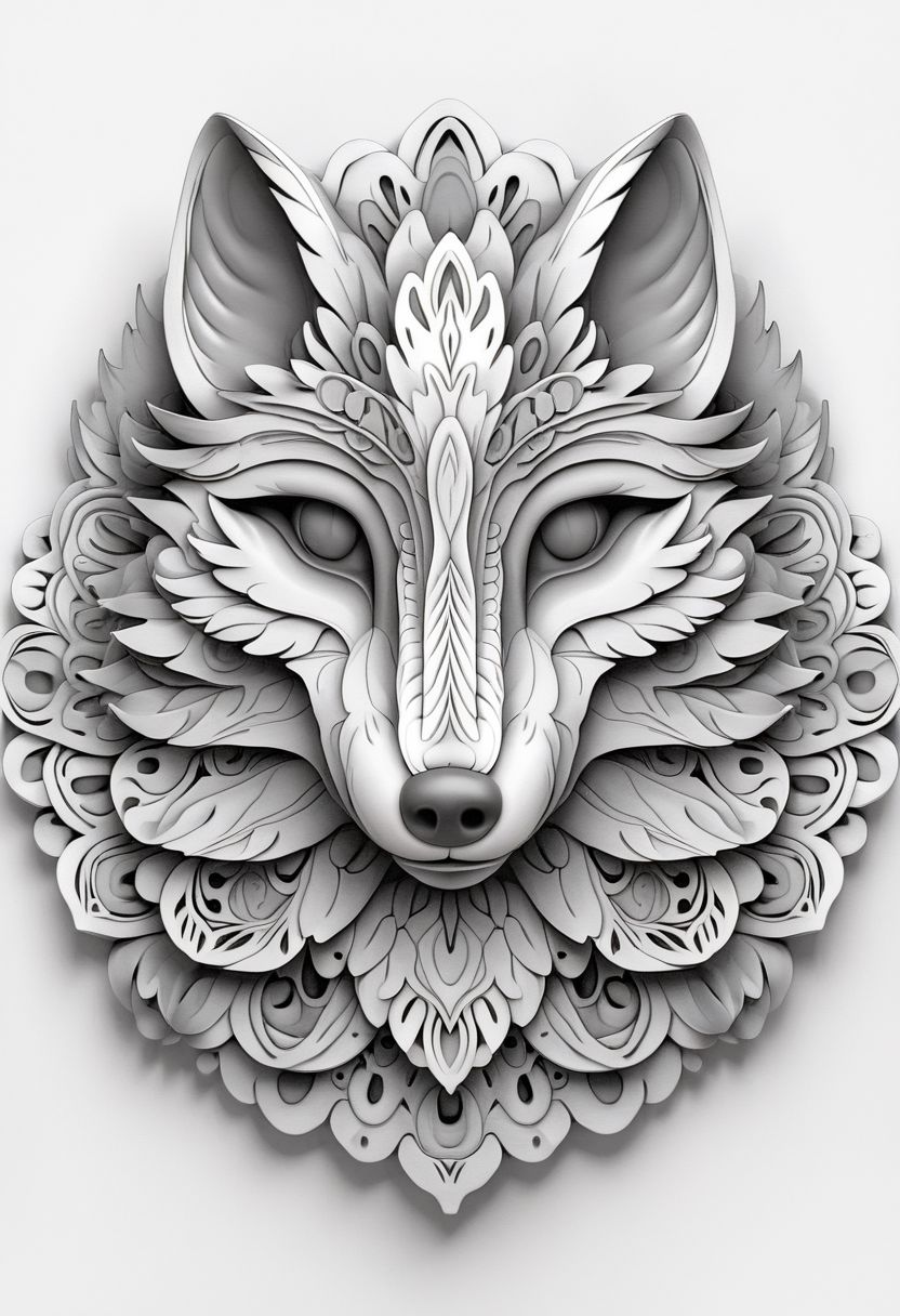 Mandala style,Coloring page , 3d mandala pattern, fox head , greyscale