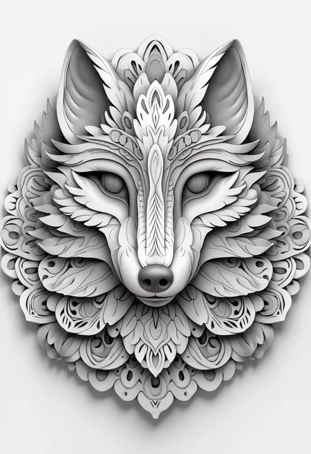 Mandala style,Coloring page , 3d mandala pattern, fox head , greyscale