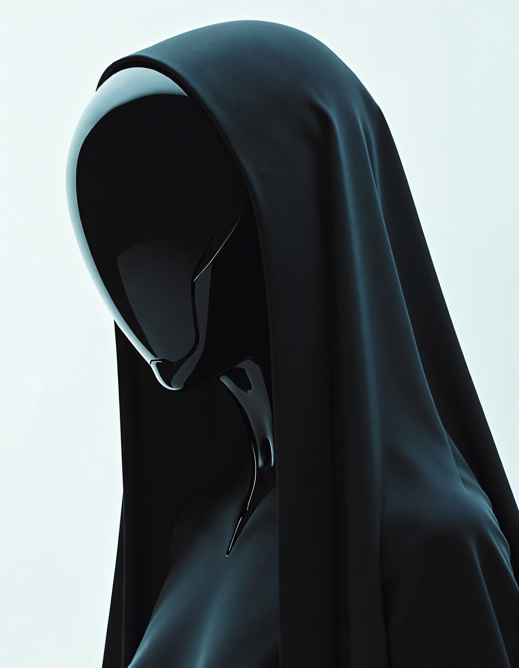 UNI_SCI_FI_CORE  
The image presents a sleek, mysterious robotic figure, draped in a flowing black hood. With an exquisite glossy finish, the head reflects light delicately, creating an entrancing effect. The soft, minimalistic background enhances the subject’s futuristic charm, inviting viewers to ponder the blend of technology and artistry. The atmosphere is both serene and thought-provoking, embodying an innovative Midjourney style that evokes feelings of curiosity and awe. The interplay of shadows and highlights adds depth, emphasizing the unique design. This artwork is a beautiful depiction of modern aesthetics and futuristic themes.

