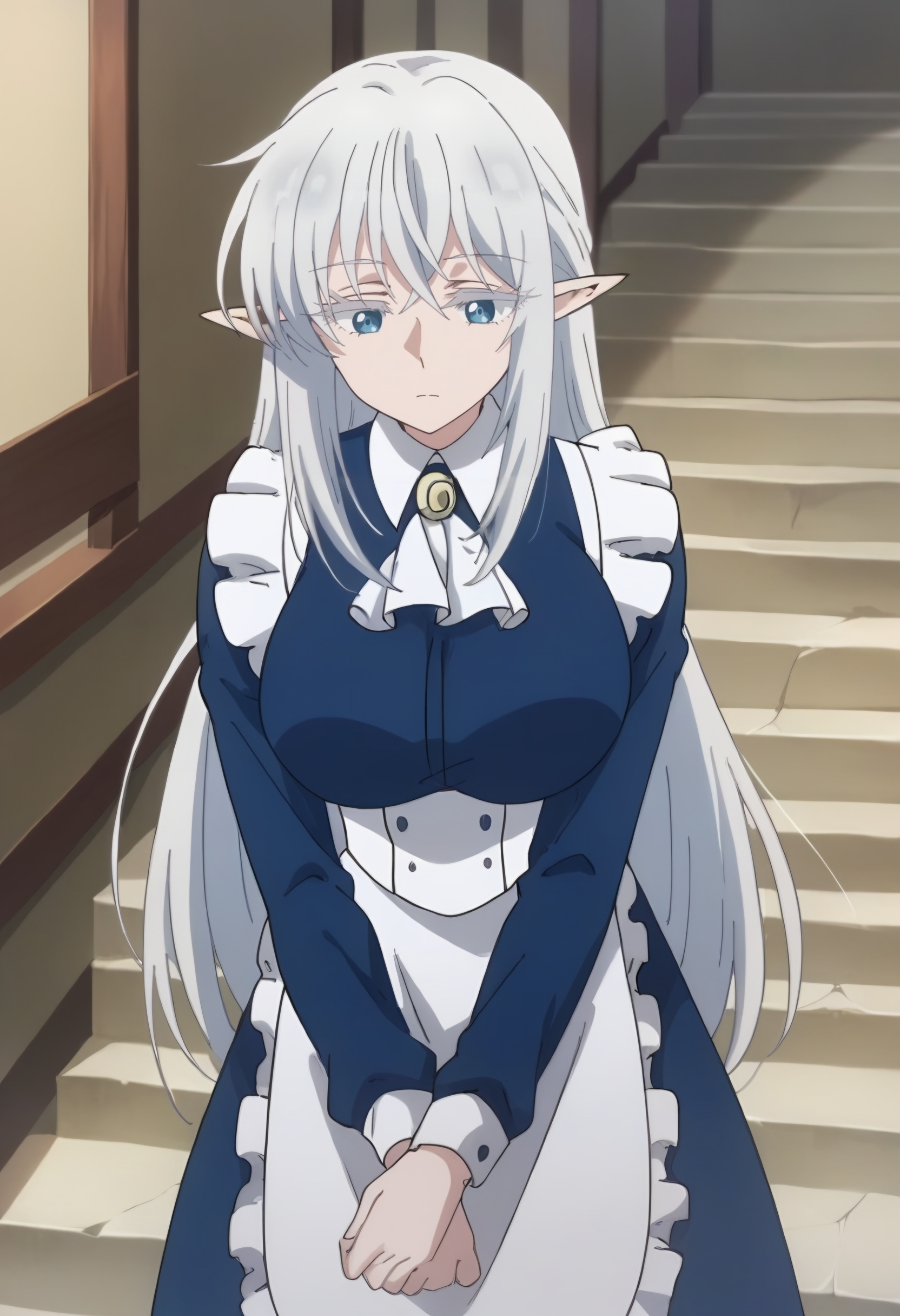 <lora:Schnee Raizer:1> schnee raizer, long hair, 1girl, pointy ears, white hair, elf, solo, hair between eyes, blue eyes, large breasts        , maid, blue dress, long sleeves, white apron, maid apron, white ascot,  brooch, expressionless,, score_9, score_8_up, score_7_up, , anime coloring ,BREAK source_anime, anime