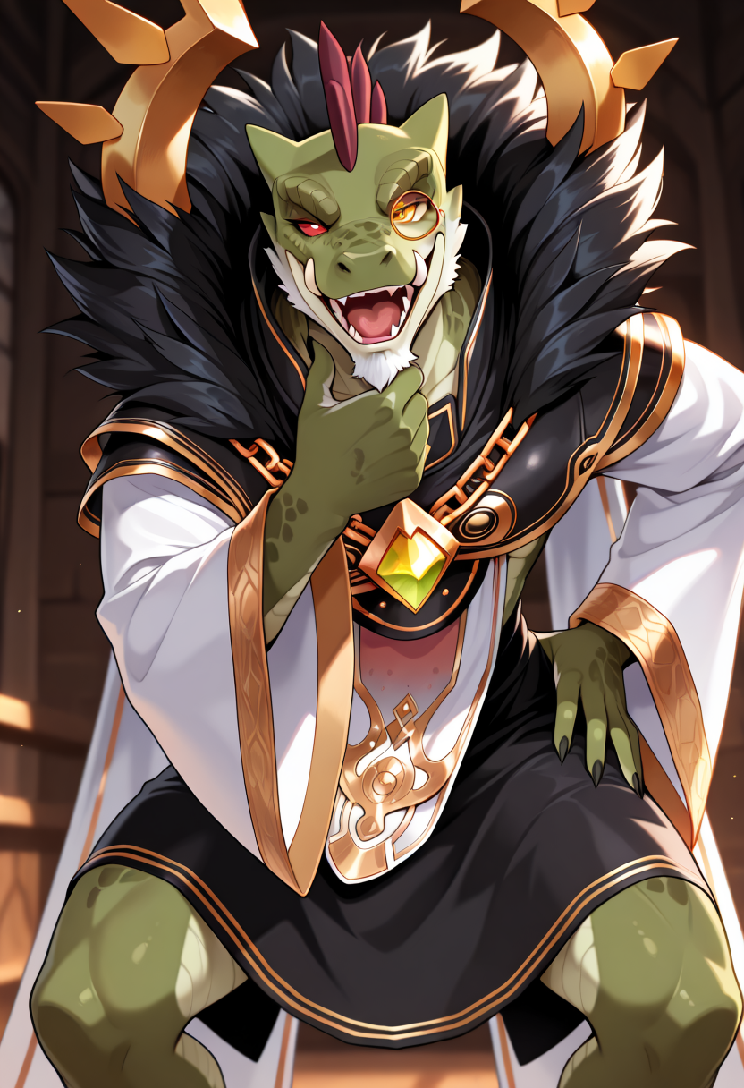 masterpiece, best quality,
KRDakaris, 1boy, solo, green skin, claws, wide sleeves, monocle,white beard, reptile boy, red sclera, tusks, white coat, breast curtain, yellow eyes,open mouth,closed eye,smile,hand on hip,leaning forward,tongue,apart legs,skirt, looking at viewer,pinching chin
