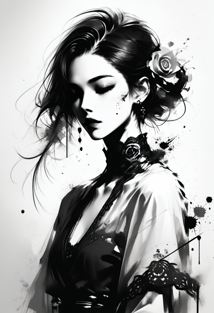 score_9, score_8_up, score_7_up, source_anime, 
<lora:monochromemuse:1>, monochromemuse, monochrome, greyscale, ink splatter, 
rose \(flower\),