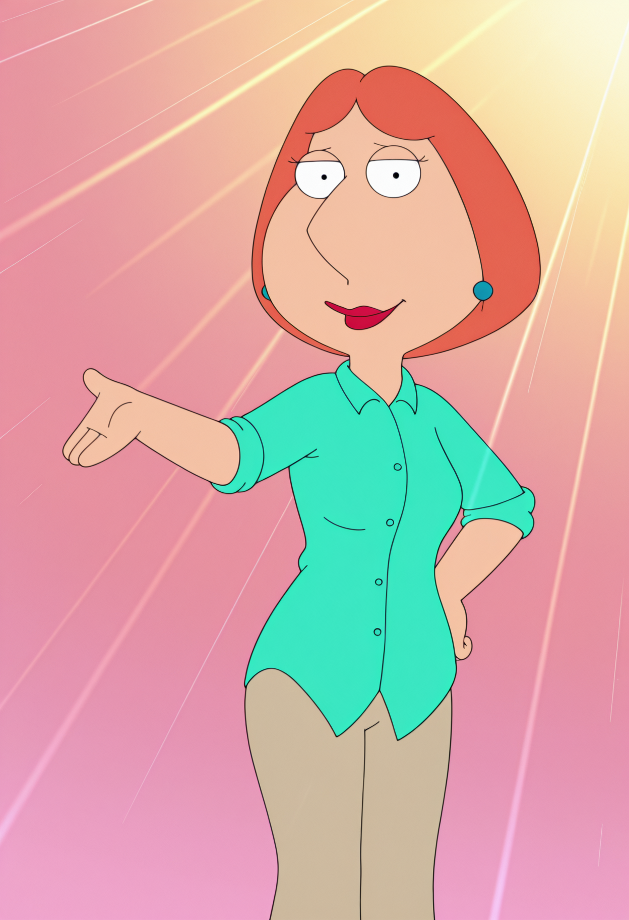 masterpiece, best quality, amazing quality, lo1sgf, 1girl, orange hair, blue earrings, aqua shirt, beige pants, pointing to the side, smile, looking at viewer, colorful pink background, light rays,