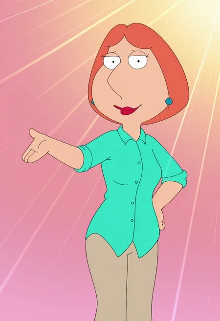 masterpiece, best quality, amazing quality, lo1sgf, 1girl, orange hair, blue earrings, aqua shirt, beige pants, pointing to the side, smile, looking at viewer, colorful pink background, light rays,