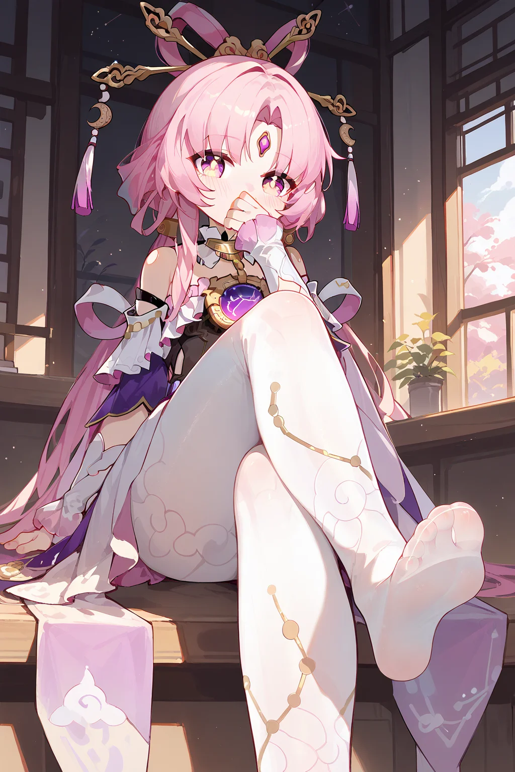 (score_9,score_8_up,score_7_up),<lora:Fu Xuan(Honkai Star Rail)-v1:1>,Fu Xuan(Honkai Star Rail),1girl,solo,pink hair,sitting,long hair,feet,crossed legs,looking at viewer,hair rings,bangs,dress,parted bangs,pantyhose,no shoes,soles,bare shoulders,hair ornament,toes,white pantyhose,white dress,blush,covering mouth,forehead jewel,frills,pink eyes,hand up,forehead mark,detached sleeves,indoors,
good feet,anime,NSFW,expressive,amazing quality,ultra hd 32k,