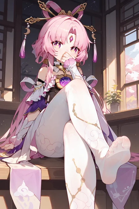 (score_9,score_8_up,score_7_up),<lora:Fu Xuan(Honkai Star Rail)-v1:1>,Fu Xuan(Honkai Star Rail),1girl,solo,pink hair,sitting,long hair,feet,crossed legs,looking at viewer,hair rings,bangs,dress,parted bangs,pantyhose,no shoes,soles,bare shoulders,hair ornament,toes,white pantyhose,white dress,blush,covering mouth,forehead jewel,frills,pink eyes,hand up,forehead mark,detached sleeves,indoors,
good feet,anime,NSFW,expressive,amazing quality,ultra hd 32k,