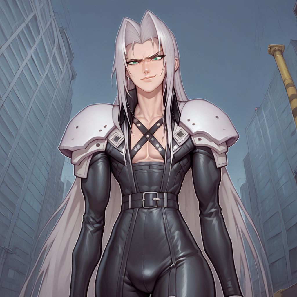 score_9, score_8_up, score_7_up, flightless detailed closeup action shot, from front, Sephiroth leaping through the air swinging very long sword in a wide overhead arc, smug expression, dynamic pose, exaggerated perspective emphasizing action, in an industrial city at night, dim street lighting, solo, beautiful, androgynous, flat chest, leather straps, broad shouldered, long draping leather overcoat, high contrast, industrial cityscape background,