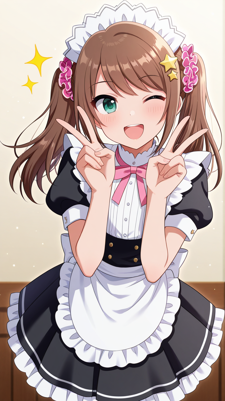 solo, wink, smile, open mouth, cute,, masterpiece, best quality, amazing quality, very aesthetic, absurdres, newest, anime screencap, <lora:sakimizushimaILM:1>, mizushima saki, otoko no ko, brown hair, green eyes, twintails, long hair, hair ornament, sidelocks, pink scrunchie, swept bangs, star (symbol), star hair ornament, white apron, waist apron, maid, maid headdress, male maid, crossdressing, dress, pink ribbon, puffy short sleeves, shirt, skirt,, cute pose, v-pose, v, wink, cute, sparkle, sparkles,