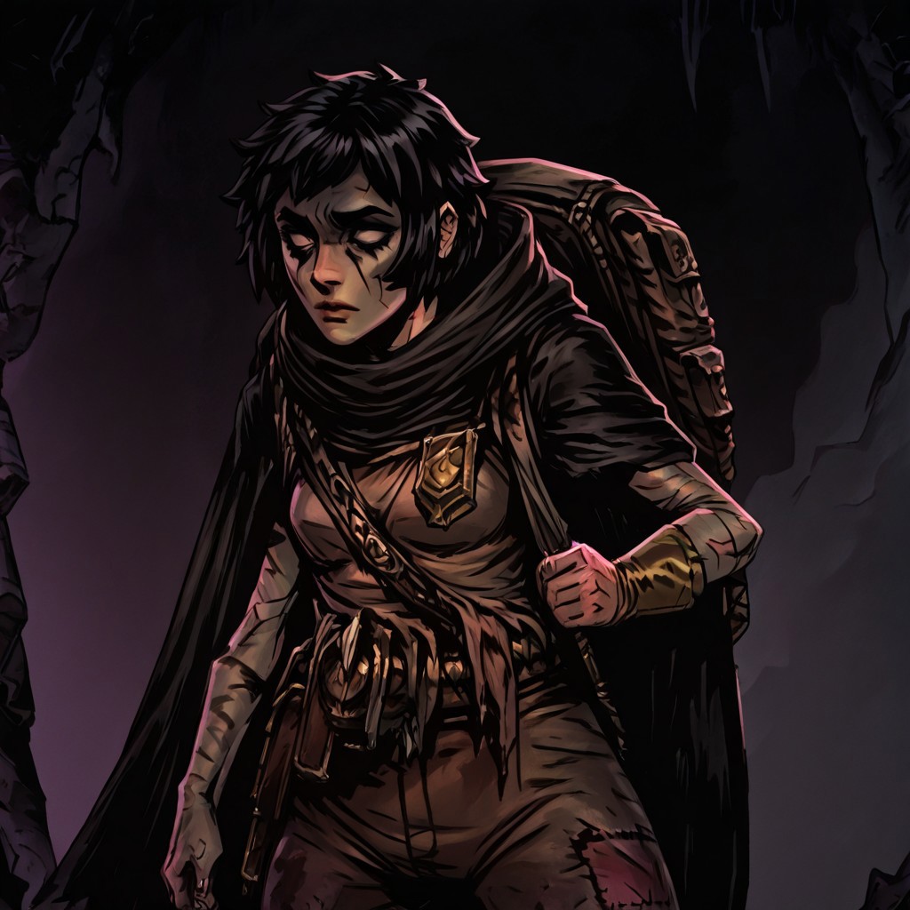 masterpiece, best quality, newest, absurdres, highres,  
d-rex, d-rex style, TTCSV1.0
DDstyle, official style, black eyes, shaded eyes, 1girl,  DDRAW-V1.0, cape, black hair, short hair, small breasts, backpack, rags