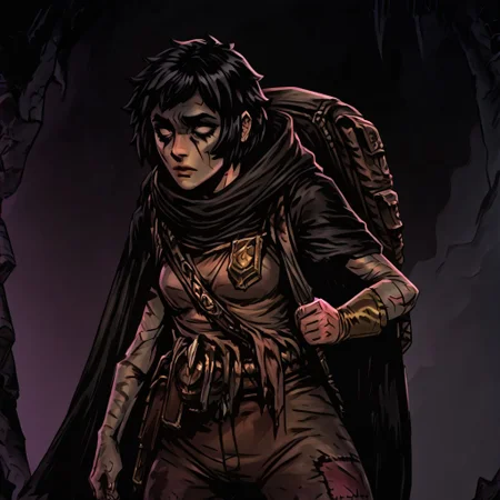 masterpiece, best quality, newest, absurdres, highres,
d-rex, d-rex style, TTCSV1.0
DDstyle, official style, black eyes, shaded eyes, 1girl, DDRAW-V1.0, cape, black hair, short hair, small breasts, backpack, rags