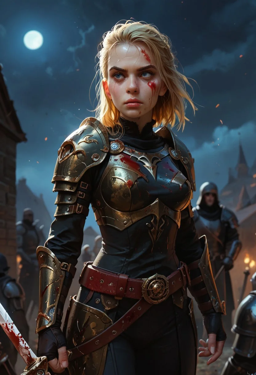 (score_9, score_8_up, score_7_up, score_6_up, score_5_up, score_4_up),a woman in black armor,blonde,medium breast,pale skin,she crosses a battlefield, at night,focus face,she is sure of herself with a piercing look,belt,a sword on the belt,scratch on the face,blood,