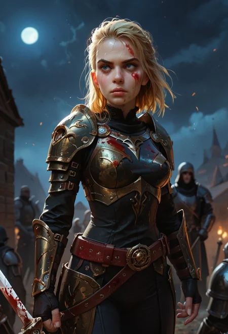 (score_9, score_8_up, score_7_up, score_6_up, score_5_up, score_4_up),a woman in black armor,blonde,medium breast,pale skin,she crosses a battlefield, at night,focus face,she is sure of herself with a piercing look,belt,a sword on the belt,scratch on the face,blood,