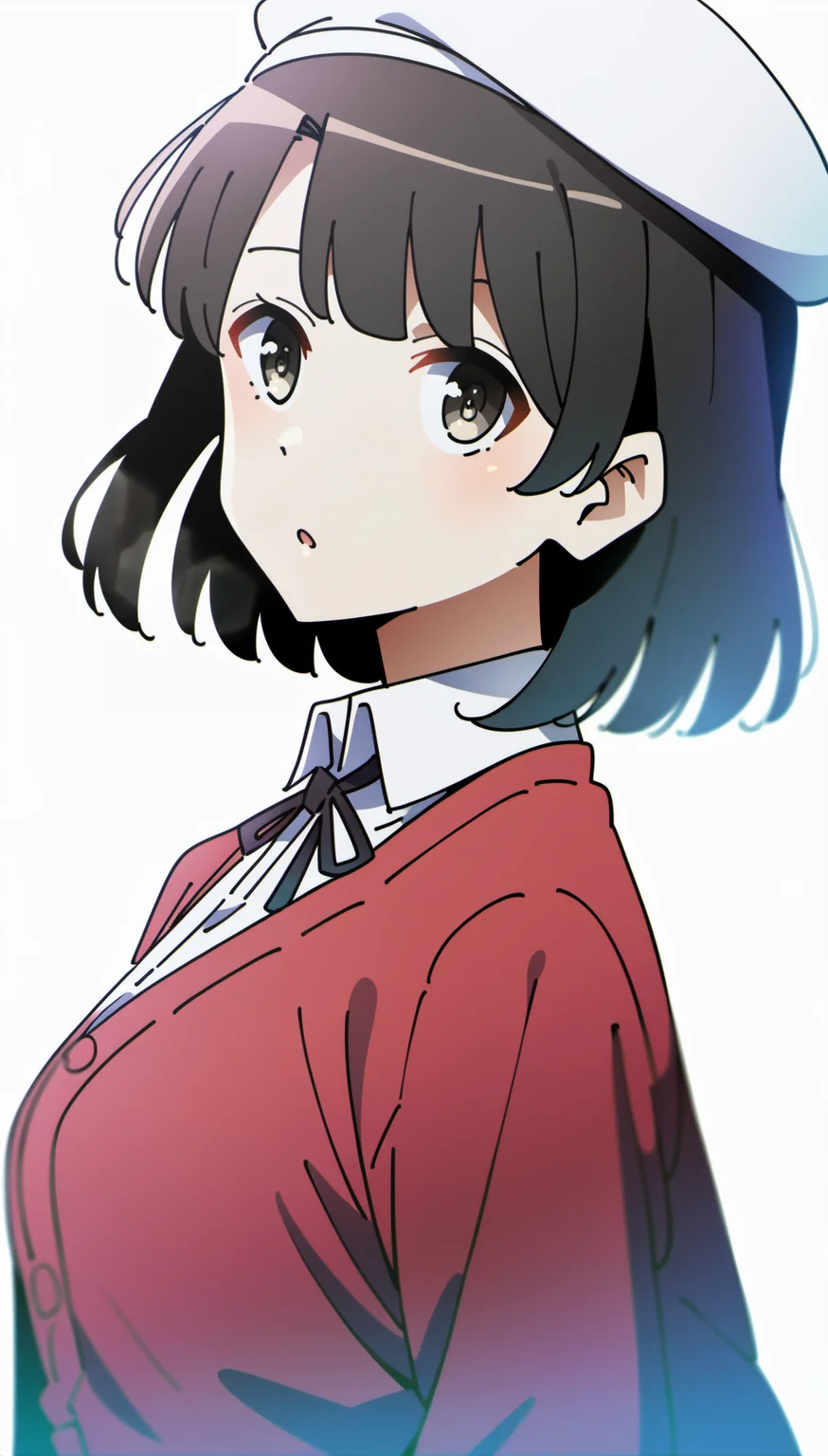 score_9,score_8_up,score_7_up,
<lora:megumikato:0.9>,
megumikato,
1girl,solo,black hair,bangs,short hair,brown eyes,pupils,looking at viewer,parted lips,white beret,red cardigan,white blouse,black bow tie,white layered ruffle skirt,upper body,
(white background:1.1),bloom,lens flare,