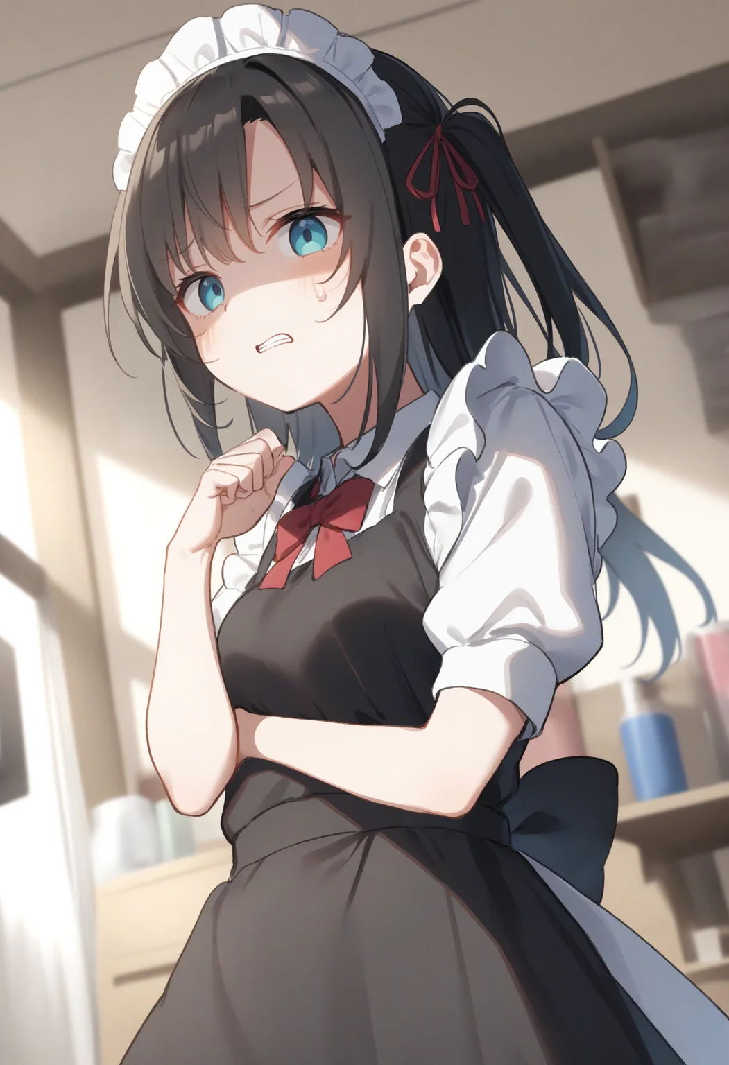 1girl,sincos, ningen mame, toosaka asagi,solo,medium breasts,20yo,maid,maid headdress,
donbiki,<lora:donbiki_XL_v1:0.7>
sweatdrop, looking at viewer, shaded face, turn pale, jitome, disgust, gloom (expression), d:, frown, empty eyes, no pupils, clenched teeth, hands up,
dutch angle, cinematic angle, blonde hair, gray eyes, drawing and manual arts room, one side up hair,,
best quality, very aesthetic, absurdres