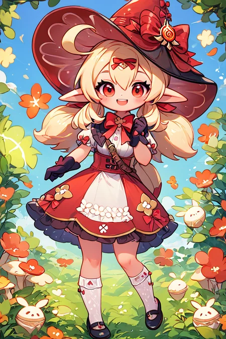 score_9, score_8_up, score_8, medium breasts, (curvy), cute, eyelashes, ,,, , ,,, zzKlee, hair between eyes, red eyes, ahoge, blonde hair, long hair, low twintails, pointy ears, twintails, witch hat, bow, gloves, short sleeves, black gloves, alternate costume, sidelocks, hat bow, <lora:KleeBlossomingStarlight_Genshin_PDXL:1.0>, ,,,, BREAK, socks, big shoes, ,,, smile, looking at viewer, cowboy shot, ,,, embedding:zPDXL, Expressiveh, ,,, <lora:CuteToonPDXL:0.8>, <lora:SDXLFaeTastic2400:0.5>, <lora:Expressive_H-000001:0.4>,