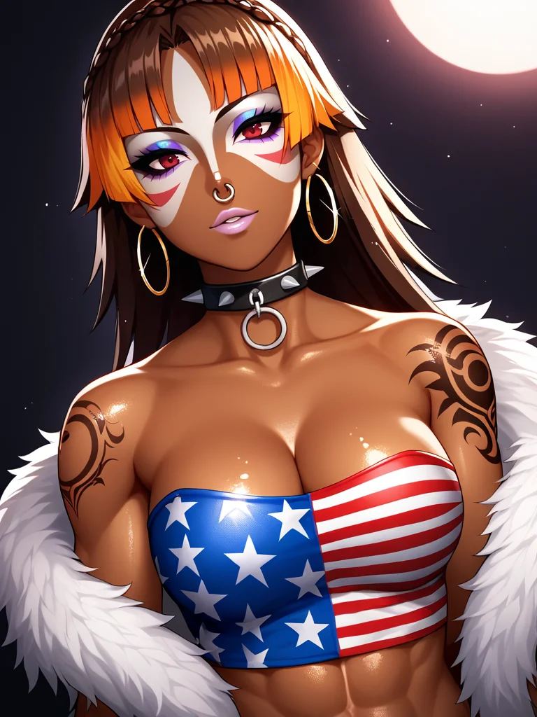 Score_9, score_8_up, score_7_up, score_6_up, source_anime, 1girl, solo, long hair, black background, neon glow, violet gradient hair, orange highlights, hoop earrings, dark-skinned female, tattoo, colored skin, BREAK, (yamanba, white facepaint makeup:1.3), face stickers, pursed cyan lips, parted lips, eyeshadow, very dark skin, makeup, american flag print, choker, off-the shoulder, cleavage, (metallic glitter), feather boa, collarbone tattoo, jewelry, white face tattoo, BREAK, large intricate hair accessories, <lora:ManbaXL4:0.75>, BREAK, OverallDetail, glitter on skin, shiny oiled skin , metallic glitter, forehead tattoo, nose ring, BREAK, makoto niijima, upper body, midriff, dutch angle, alternate hairstyle, (long hair:1.3), BREAK, biceps, spiked collar
