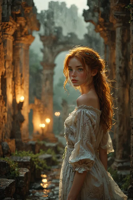 (Ultra Realistic:1.0),32k,(Masterpiece:1.0),(High Detailed Skin:1.0),( High Quality:1.0),
(Detailed Realistic Background:1.3),
(Official Art, Beautiful and Aesthetic:1.2),
(Realistic Lighting:1.0),
(cute, petite:1.0),
(Slender:1.0),1girl,Ginger hair, green eyes,
(sfw:1.0),
She's walking through the torchlit Ancient ruins, a dense fog fills the ruins ,
Sadness,
by Elliott Erwitt,
 <lora:MJ52:0.8>
