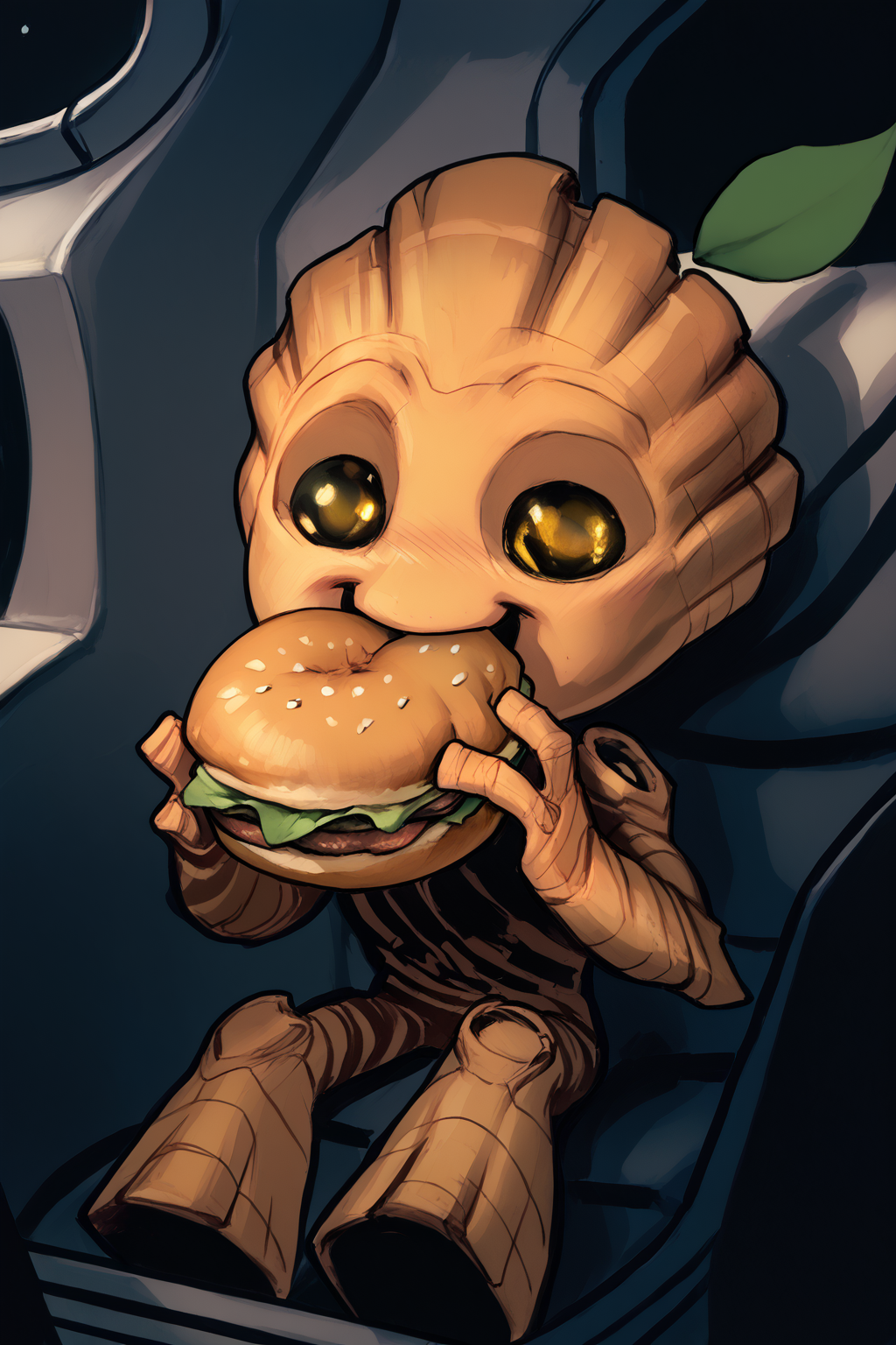 score_9, score_8_up, score_7_up, masterpiece, high quality, BREAK
 <lora:BabyGrootPonyLoRA:1.2>bbgrt, pokemon (creature), no humans, leaf, yellow eyes, alien, cute, happy, in a spaceship, eating a hamburger