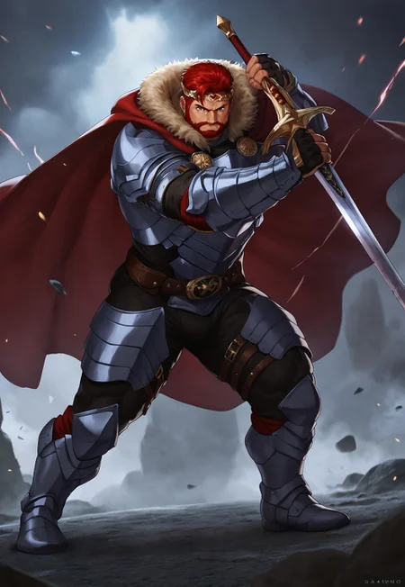 safe_pos,muscular, bara, barazoku,score_9, score_8_up, score_7_up, score_6_up, score_5_up,bodybuilder,puffy pectoral,puffy muscle,dim lighting,muscular,muscular body ,thick thigh,textless,bara,detailed face,detailed,1boy,serious face,detailed face, perfectly drawn face,restrained hand,standing, facial hair,golden circlet,red hair,gauntlet ,cape ,holding sword,brown eye,fighting pose,armor,facial hair,holding weapon,detailed sword,perfectly drawn sword