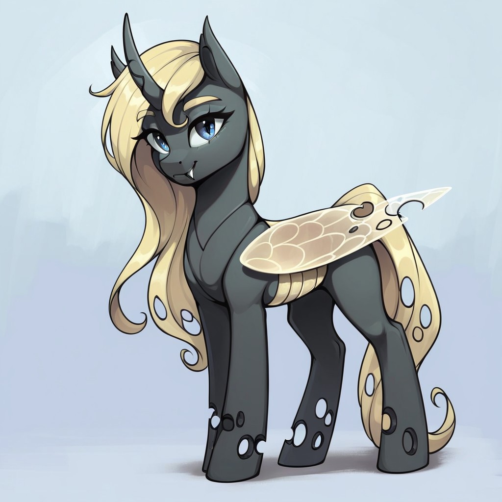 masterpiece, score_9_up, score_8_up, score_7_up, score_6_up, (best quality:1.1), ultra-detailed, high resolution, 1character, solo, Yaria, changeling queen oc, mlp, feral, black skin, long blonde mane, blonde eyebrows, (((beautiful detailed blue eyes))), long eyelashes, crocked horn, single horn, animal ears, yellow insect wings, closed mouth, fang, full body, detailed facial features, expressiveh, simple background, highly visible, sharp focus, anatomically correct