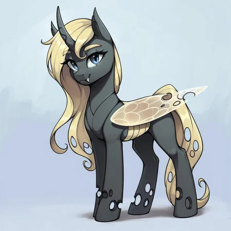 masterpiece, score_9_up, score_8_up, score_7_up, score_6_up, (best quality:1.1), ultra-detailed, high resolution, 1character, solo, Yaria, changeling queen oc, mlp, feral, black skin, long blonde mane, blonde eyebrows, (((beautiful detailed blue eyes))), long eyelashes, crocked horn, single horn, animal ears, yellow insect wings, closed mouth, fang, full body, detailed facial features, expressiveh, simple background, highly visible, sharp focus, anatomically correct