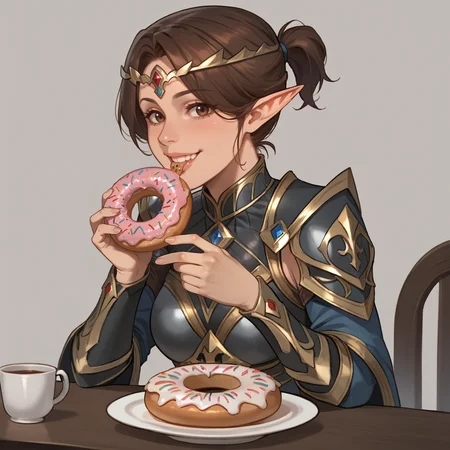 score_9, score_8_up, score_7_up, rating_safe,
brown hair, short ponytail, circlet, armor,
elf, mature woman, looking at viewer, eating a donut, happy,
<lora:HEPRINCESS:0.8>