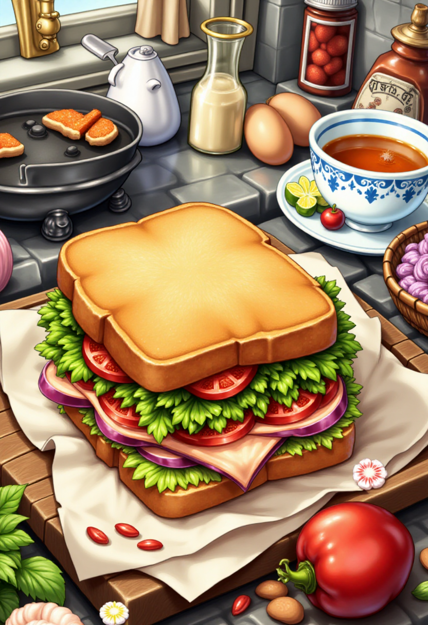 <lora:KFT_Curse_of_Dragons_Crown_Style_FLUX:1>
The image is a vibrant, digitally created kftfantasy illustration featuring   a delicious looking sandwich in a kitchen